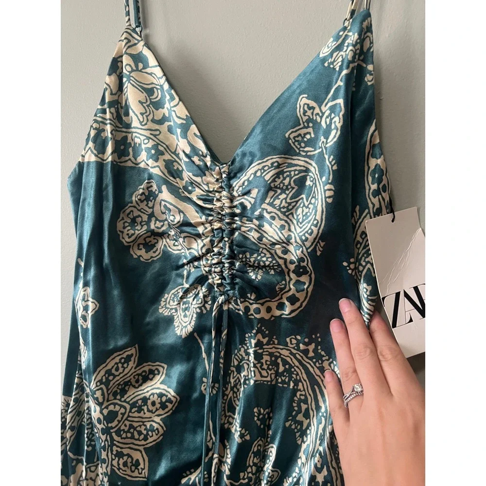 Zara Sleeveless Faux Silk Mini Dress V-neck Paisley Women Size M NWT - Picture 2 of 5